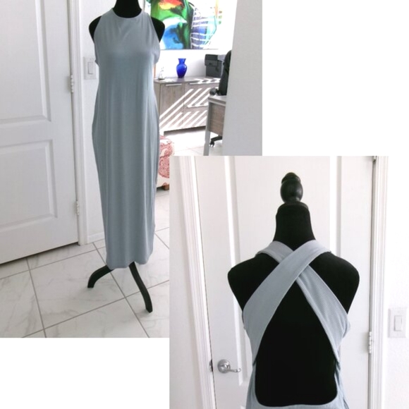 New H&M Ribbed Open Twist Back Sleeveless Midi Dress Soft Stretchy Grey Blue L - Picture 1 of 11
